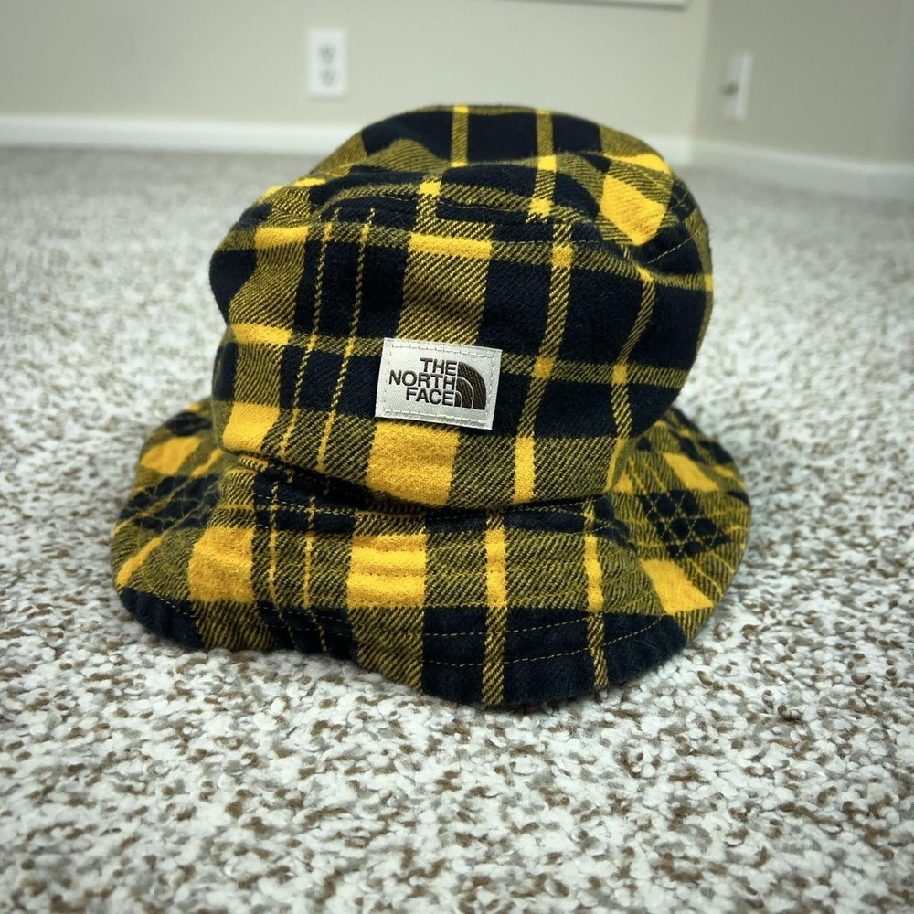 The North Face‎ Hat Bucket Youth One Size Yellow Plaid Flannel Lined Boys Winter